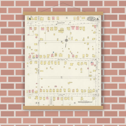 Old map wall art mockup — magnetic wood frame on brick wall — Sanborn Fire Insurance Map from Zelienople, Butler County, Pennsylvania (1925), Sheet #0006