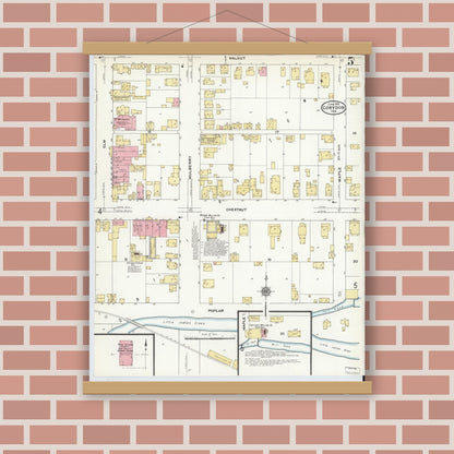 Old map wall art mockup — magnetic wood frame on brick wall — Sanborn Fire Insurance Map from Corydon, Harrison County, Indiana (1910), Sheet #0005