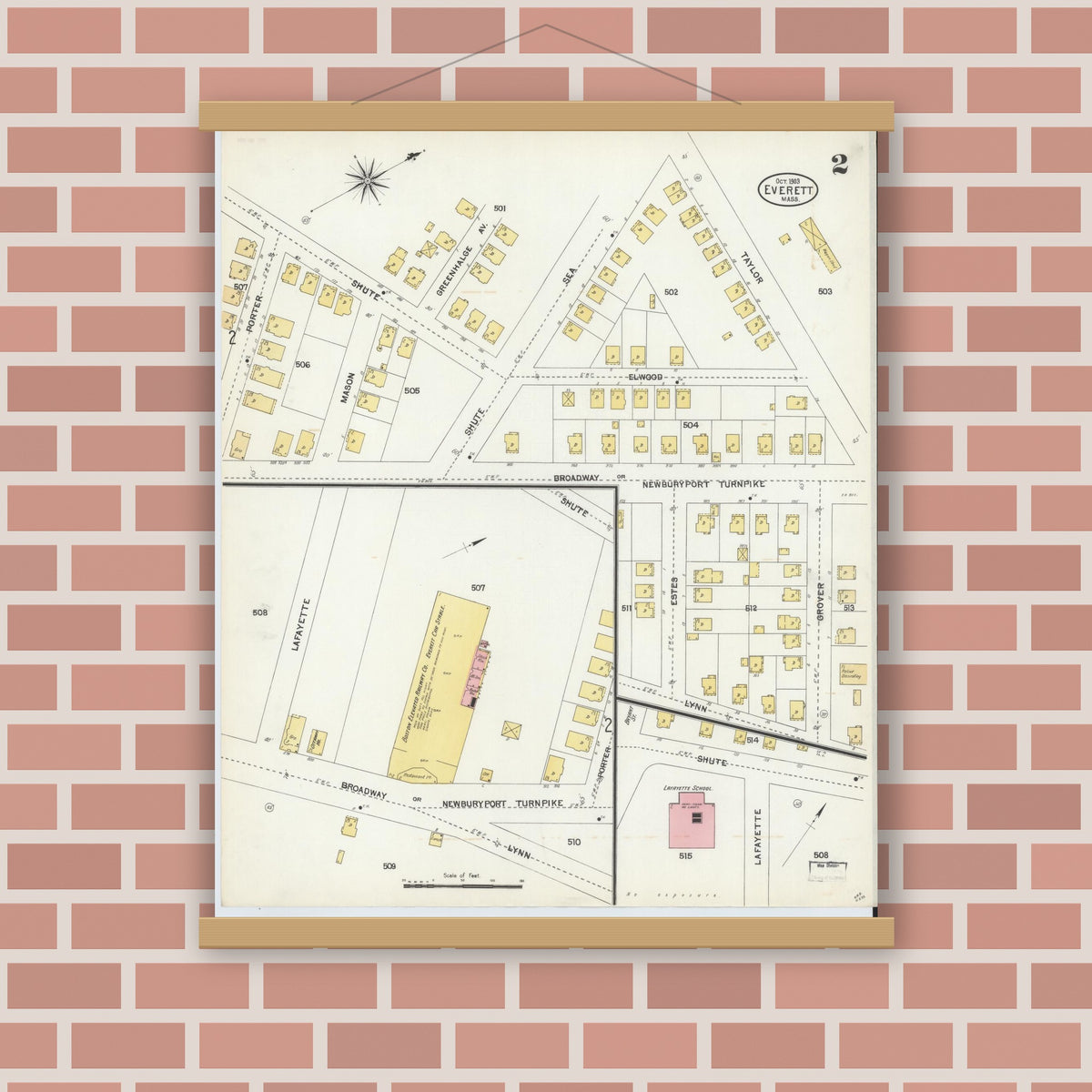 Old map wall art mockup — magnetic wood frame on brick wall — Sanborn Fire Insurance Map from Everett, Middlesex County, Massachusetts (1903), Sheet #0002