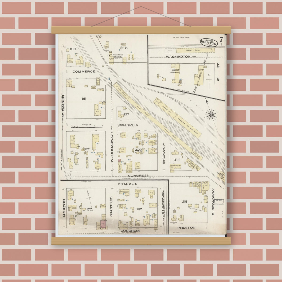 Old map wall art mockup — magnetic wood frame on brick wall — Sanborn Fire Insurance Map from Houston, Harris County, Texas (1885), Sheet #0007
