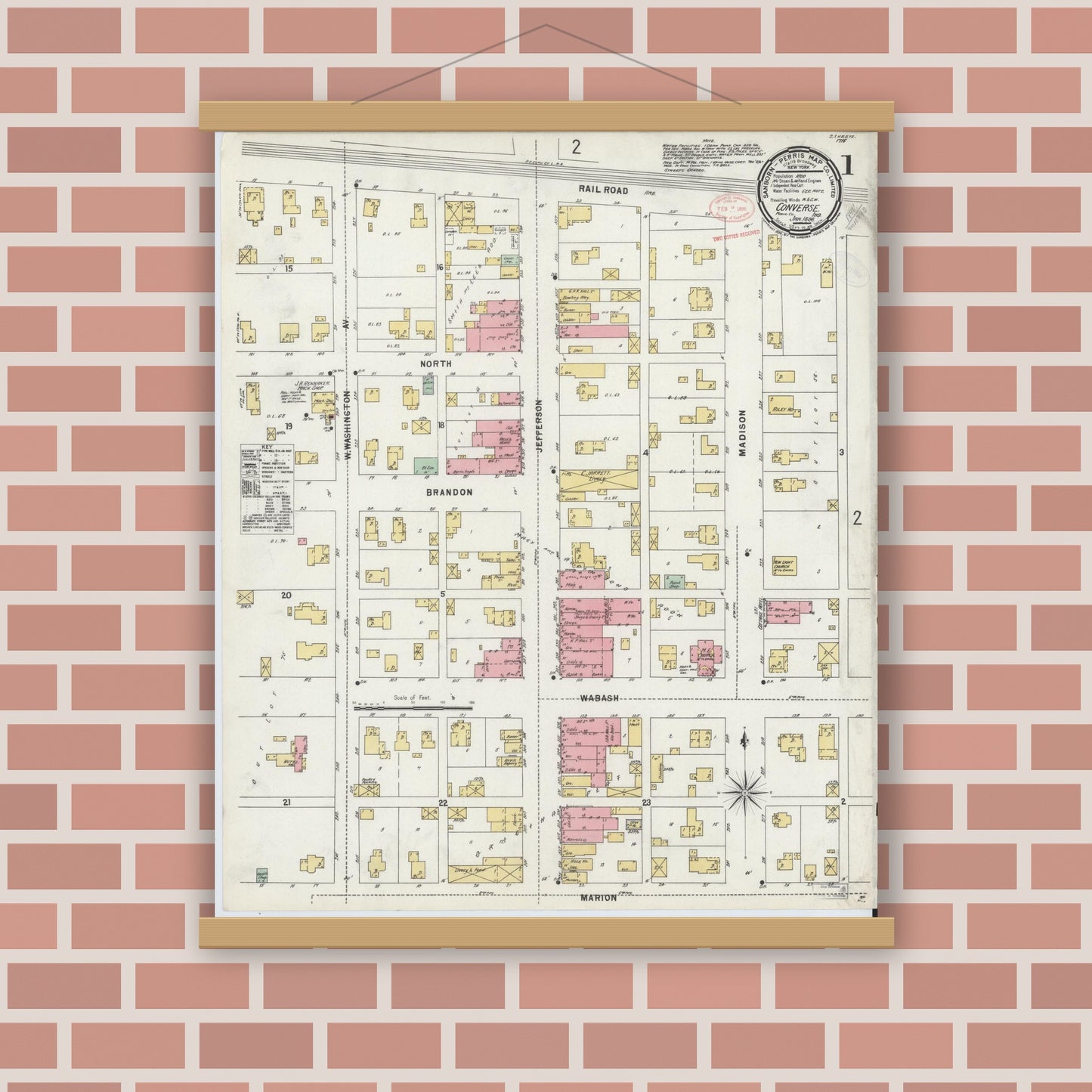Old map wall art mockup — magnetic wood frame on brick wall — Sanborn Fire Insurance Map from Converse, Miami County, Indiana (1898) - Complete Map Set