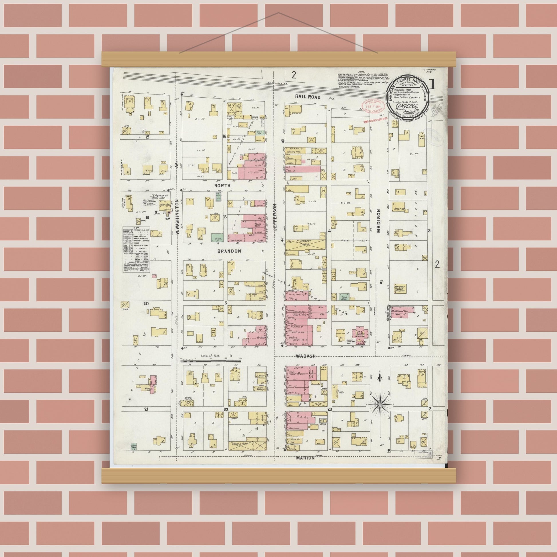 Old map wall art mockup — magnetic wood frame on brick wall — Sanborn Fire Insurance Map from Converse, Miami County, Indiana (1898) - Complete Map Set