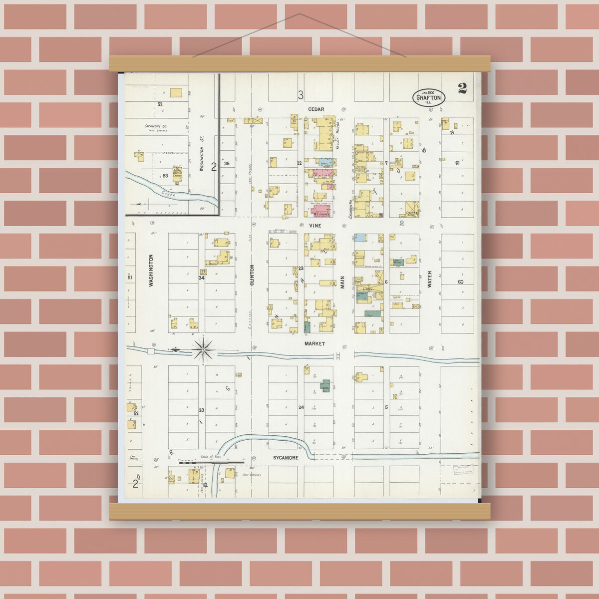 Old map wall art mockup — magnetic wood frame on brick wall — Sanborn Fire Insurance Map from Grafton, Jersey County, Illinois (1900), Sheet #0002