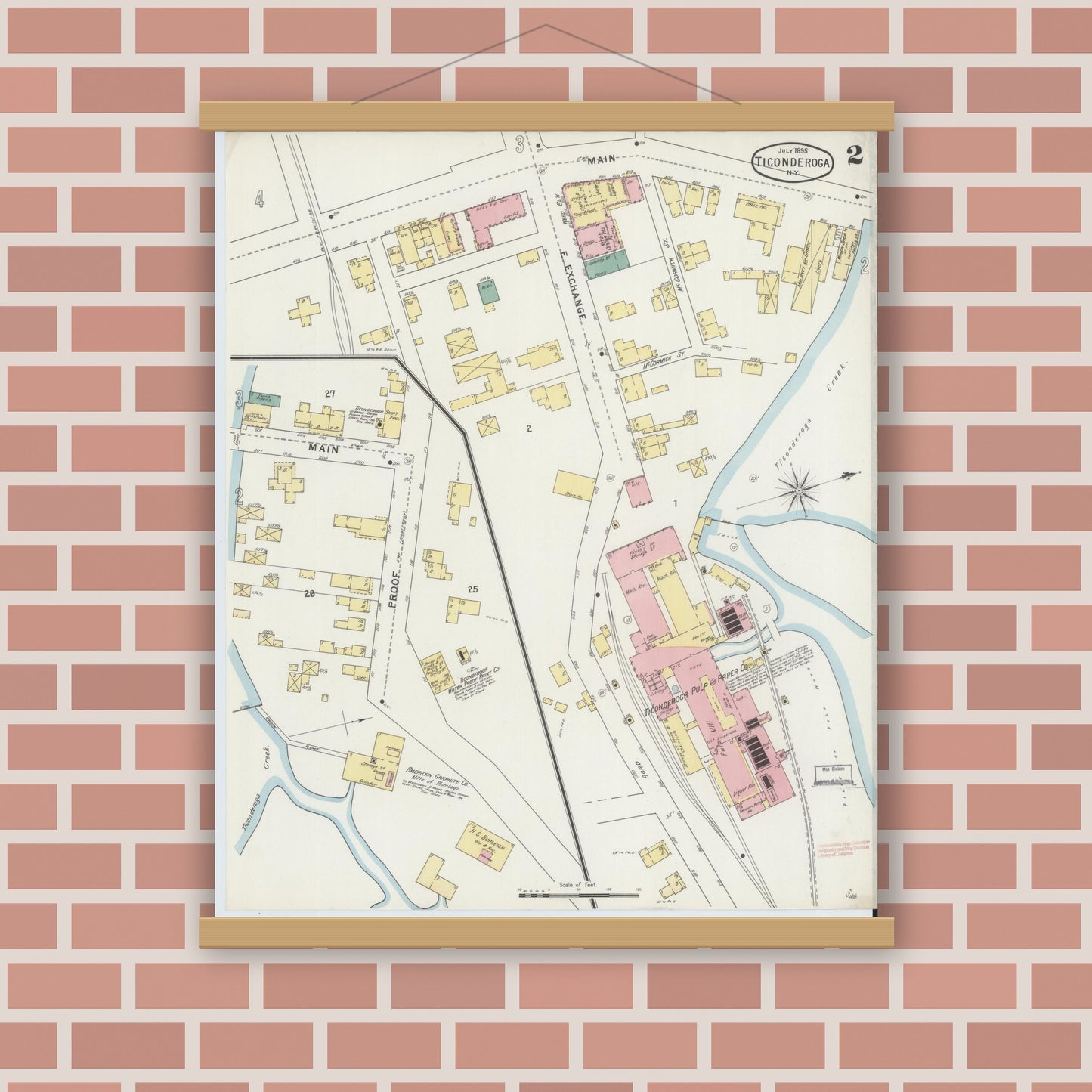 Old map wall art mockup — magnetic wood frame on brick wall — Sanborn Fire Insurance Map from Ticonderoga, Essex County, New York (1895), Sheet #0002