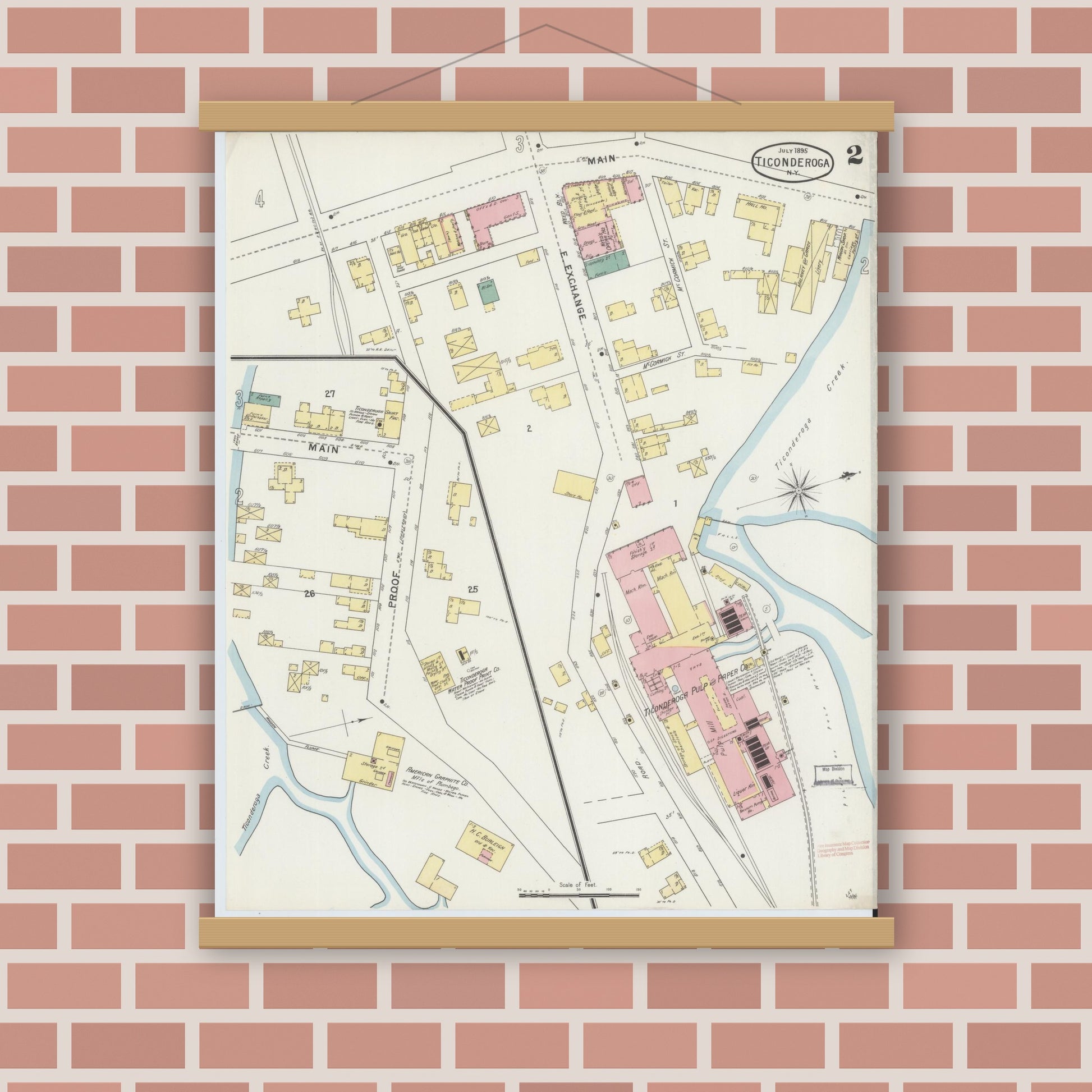Old map wall art mockup — magnetic wood frame on brick wall — Sanborn Fire Insurance Map from Ticonderoga, Essex County, New York (1895), Sheet #0002