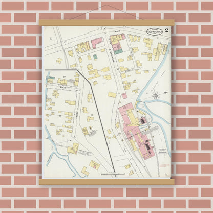 Old map wall art mockup — magnetic wood frame on brick wall — Sanborn Fire Insurance Map from Ticonderoga, Essex County, New York (1895), Sheet #0002
