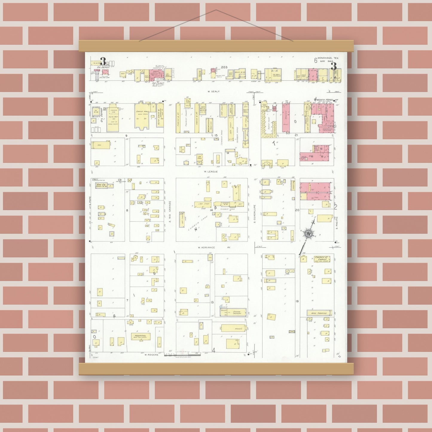 Old map wall art mockup — magnetic wood frame on brick wall — Sanborn Fire Insurance Map from Monahans, Ward County, Texas (1940), Sheet #0003