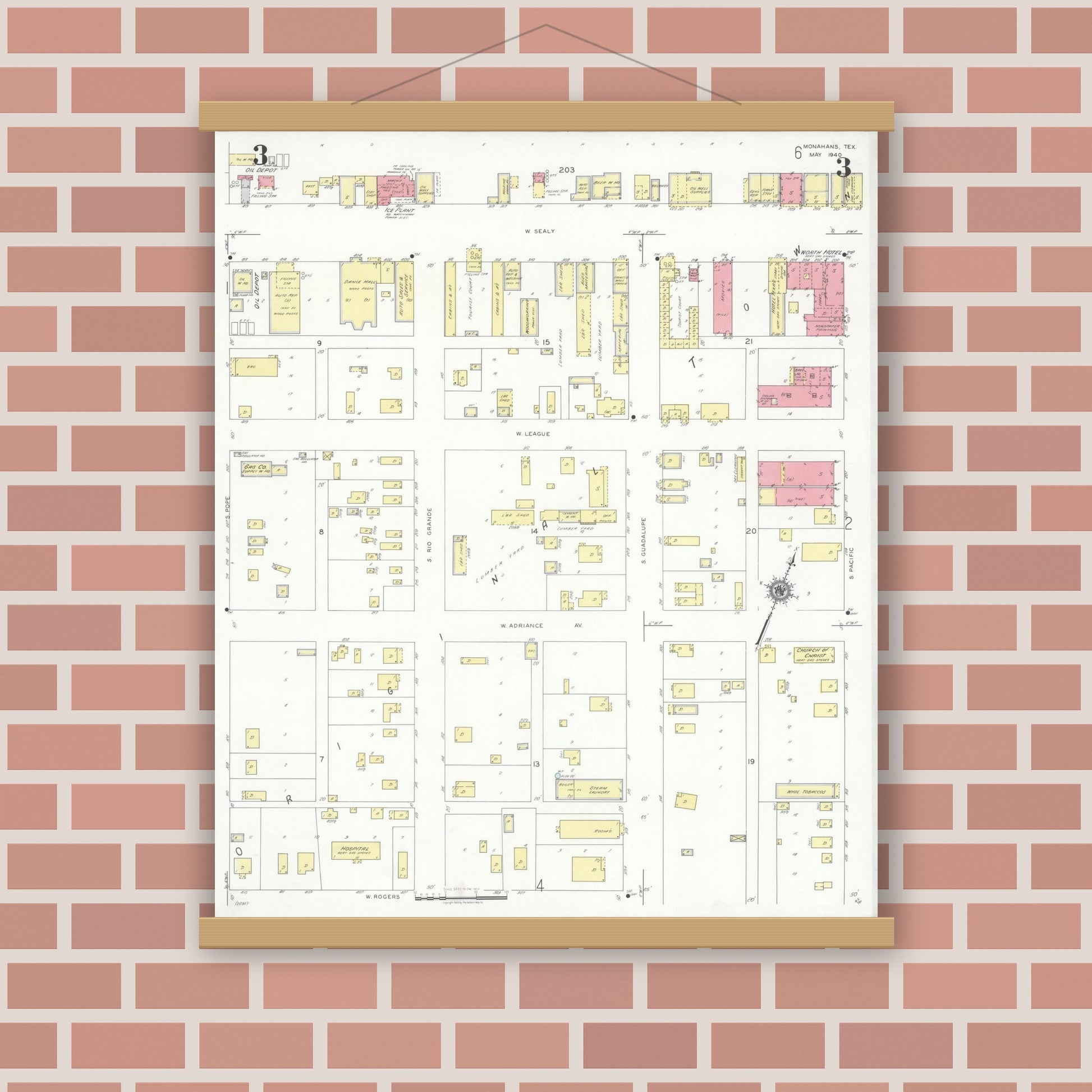 Old map wall art mockup — magnetic wood frame on brick wall — Sanborn Fire Insurance Map from Monahans, Ward County, Texas (1940), Sheet #0003