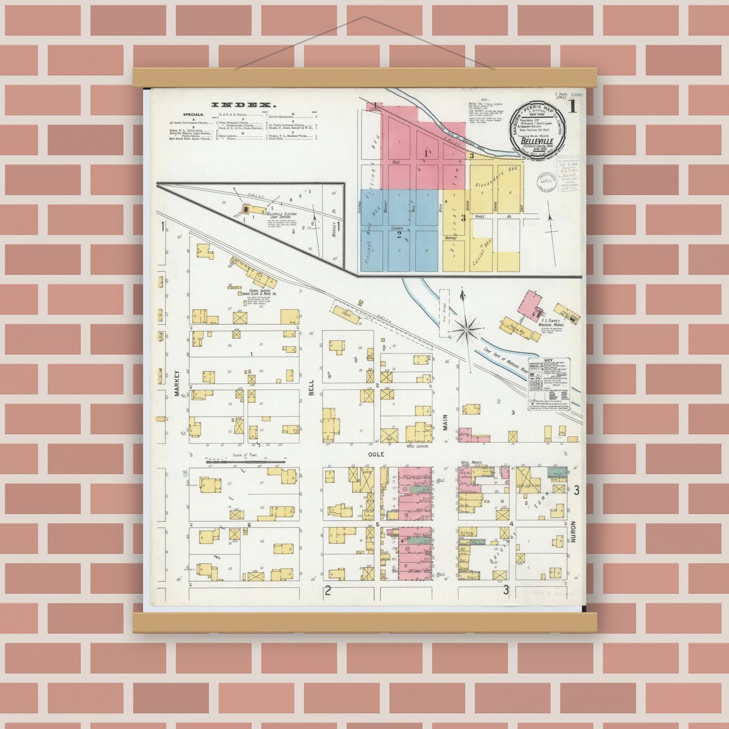 Old map wall art mockup — magnetic wood frame on brick wall — Sanborn Fire Insurance Map from Bellville, Richland County, Ohio (1900) - Complete Map Set