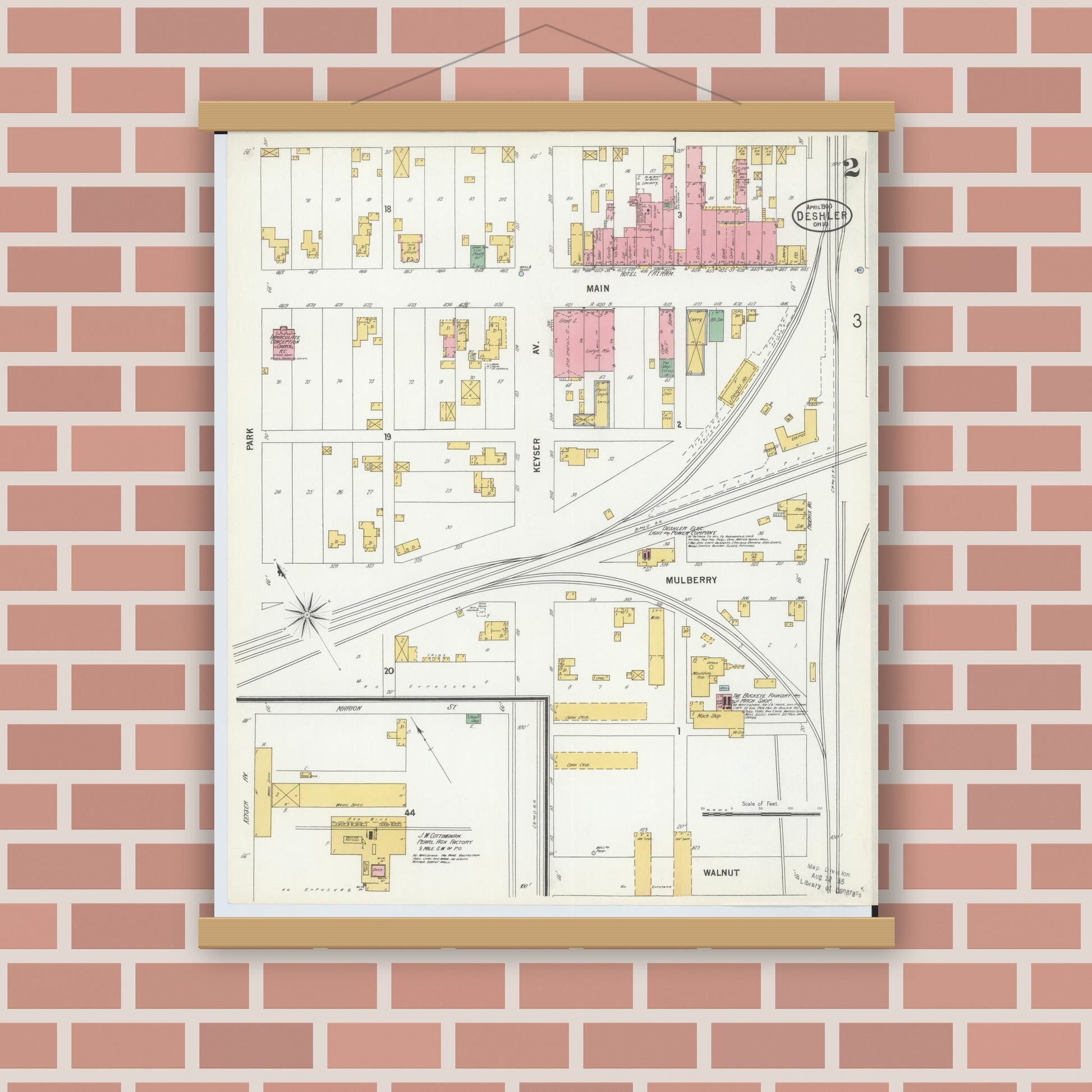 Old map wall art mockup — magnetic wood frame on brick wall — Sanborn Fire Insurance Map from Deshler, Henry County, Ohio (1900), Sheet #0002