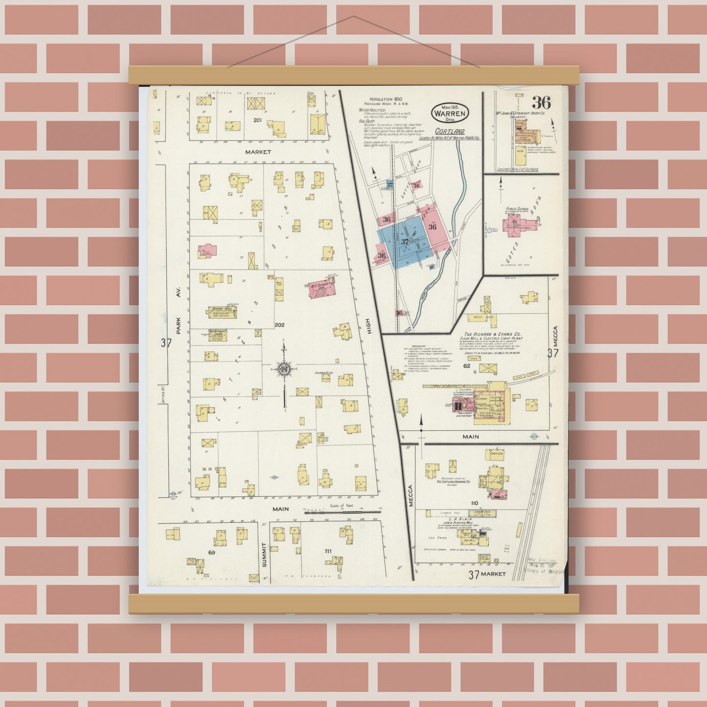 Old map wall art mockup — magnetic wood frame on brick wall — Sanborn Fire Insurance Map from Warren, Trumbull County, Ohio (1915), Sheet #0036