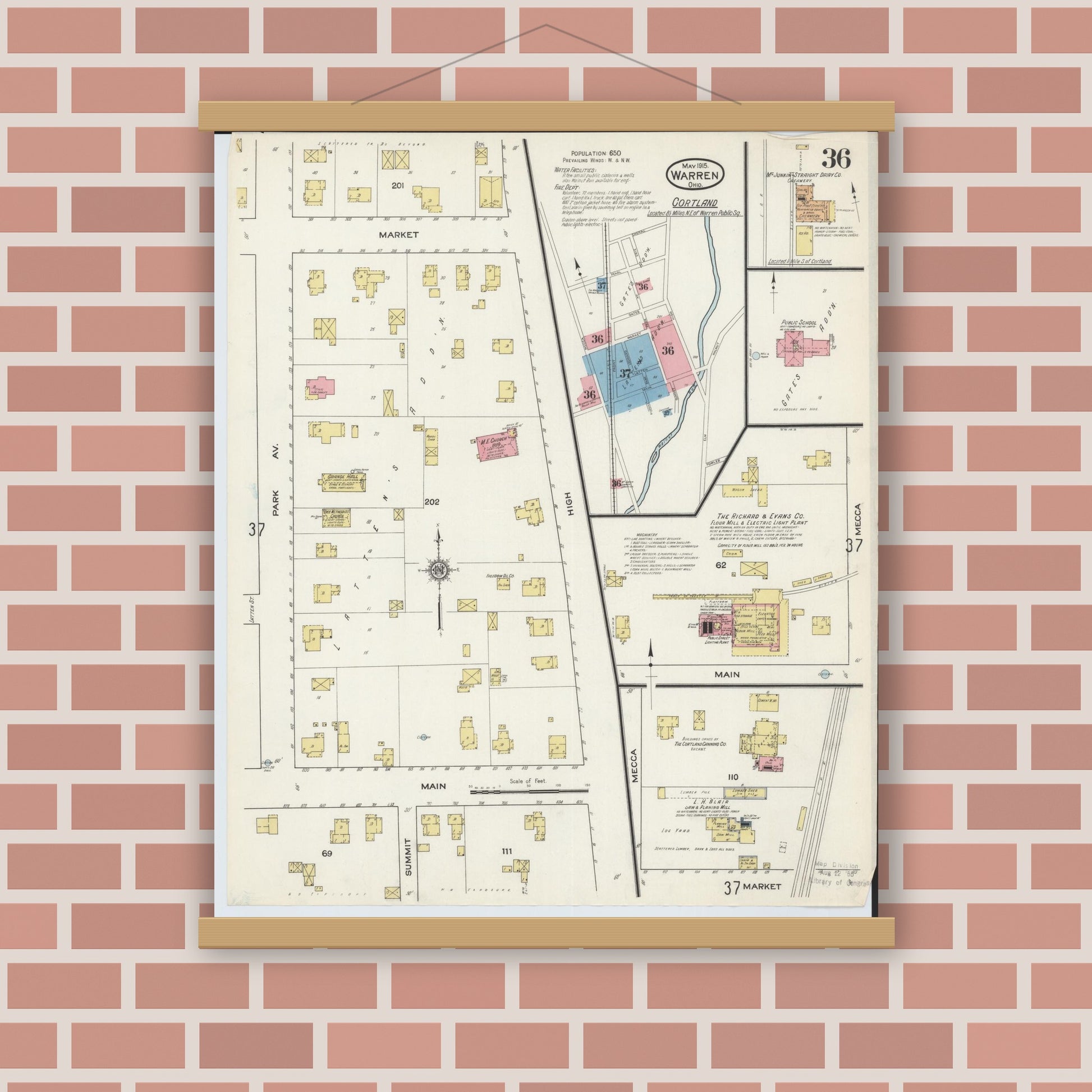 Old map wall art mockup — magnetic wood frame on brick wall — Sanborn Fire Insurance Map from Warren, Trumbull County, Ohio (1915), Sheet #0036