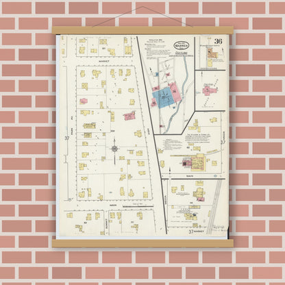 Old map wall art mockup — magnetic wood frame on brick wall — Sanborn Fire Insurance Map from Warren, Trumbull County, Ohio (1915), Sheet #0036