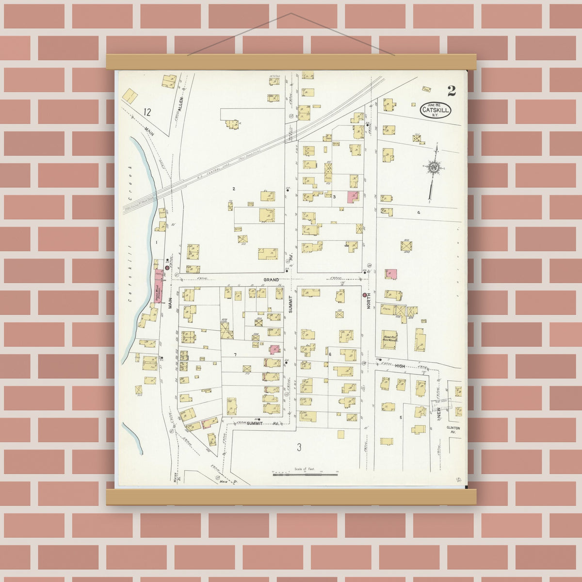 Old map wall art mockup — magnetic wood frame on brick wall — Sanborn Fire Insurance Map from Catskill, Greene County, New York (1912), Sheet #0002