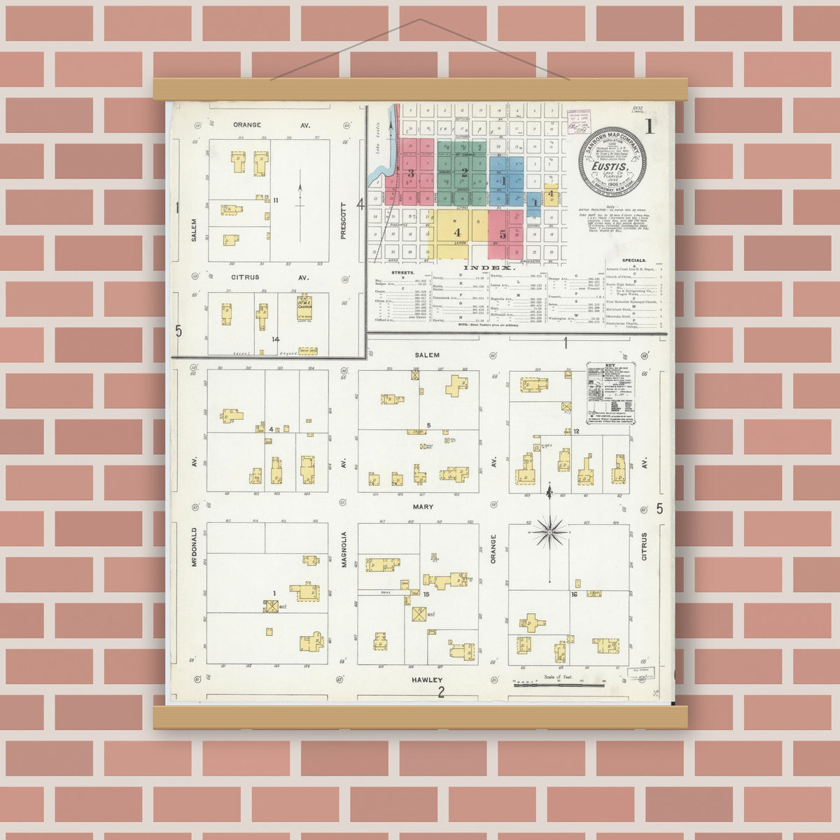 Old map wall art mockup — magnetic wood frame on brick wall — Sanborn Fire Insurance Map from Eustis, Lake County, Florida (1906), Sheet #0001
