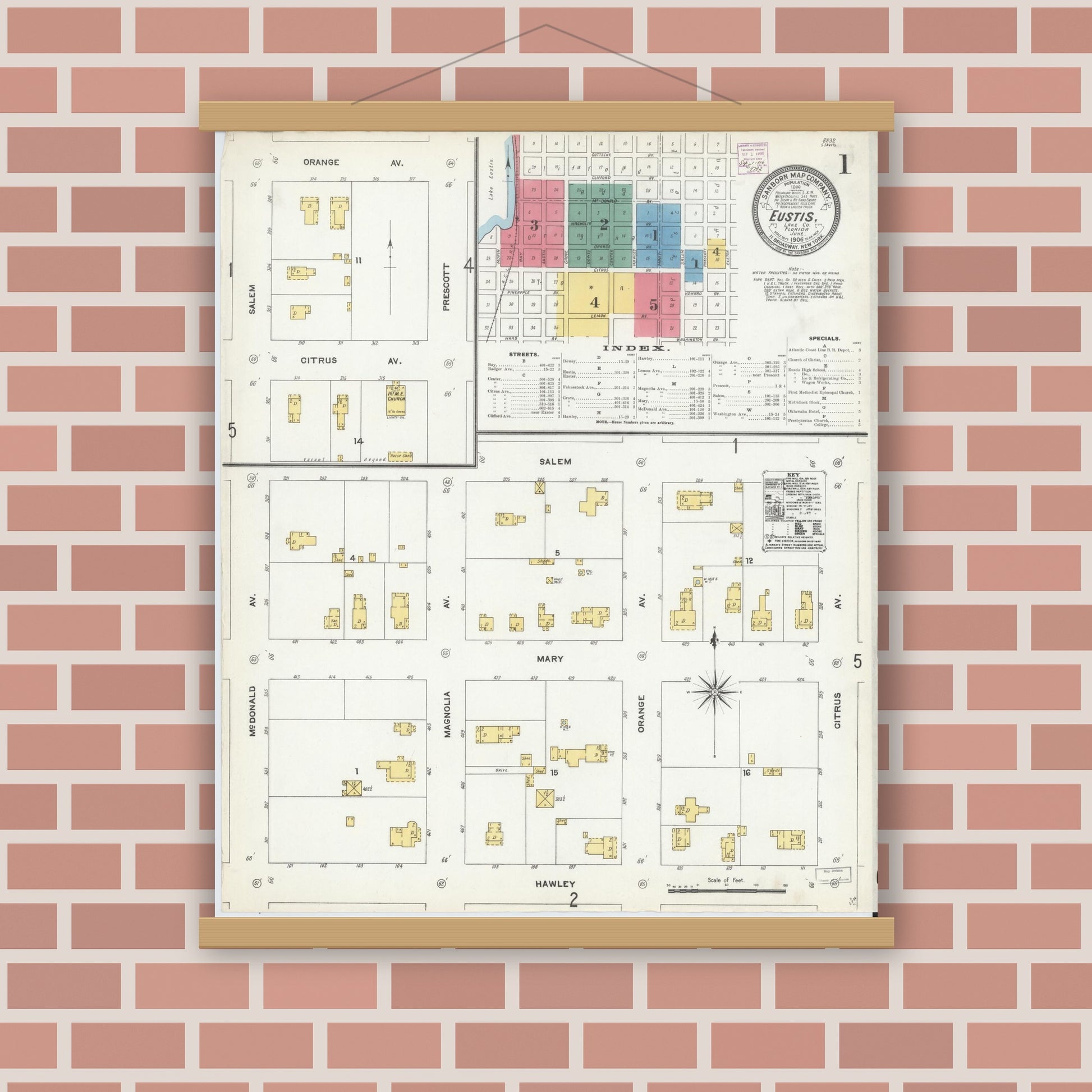 Old map wall art mockup — magnetic wood frame on brick wall — Sanborn Fire Insurance Map from Eustis, Lake County, Florida (1906), Sheet #0001