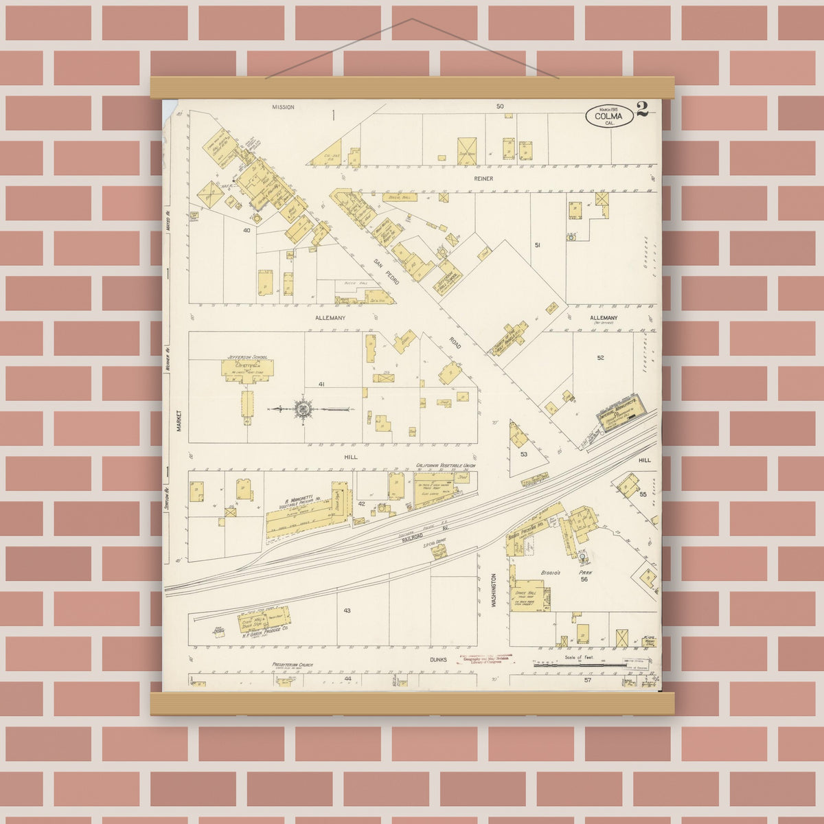 Old map wall art mockup — magnetic wood frame on brick wall — Sanborn Fire Insurance Map from Colma, San Mateo County, California (1915), Sheet #0002