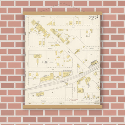 Old map wall art mockup — magnetic wood frame on brick wall — Sanborn Fire Insurance Map from Colma, San Mateo County, California (1915), Sheet #0002