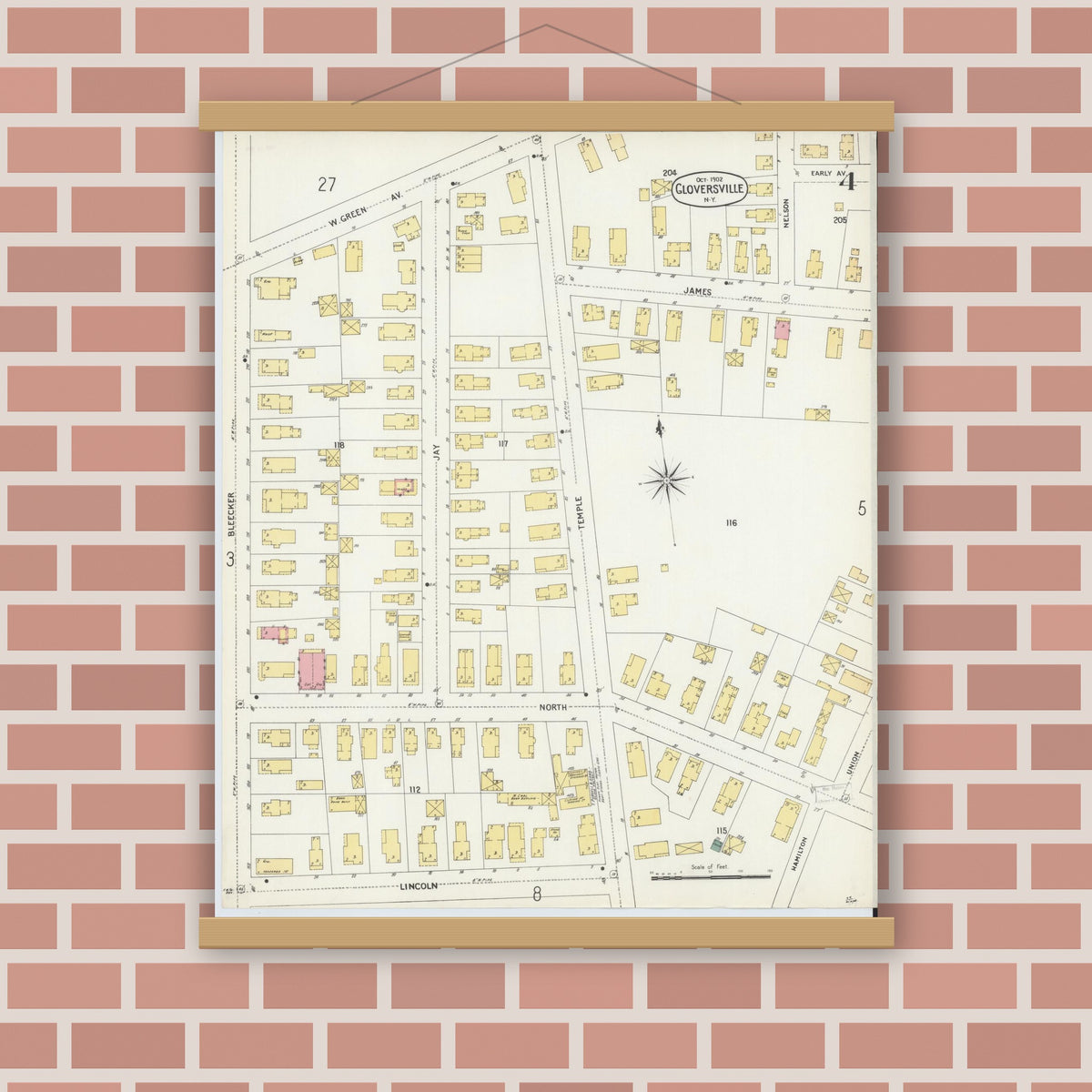 Old map wall art mockup — magnetic wood frame on brick wall — Sanborn Fire Insurance Map from Gloversville, Fulton County, New York (1902), Sheet #0004