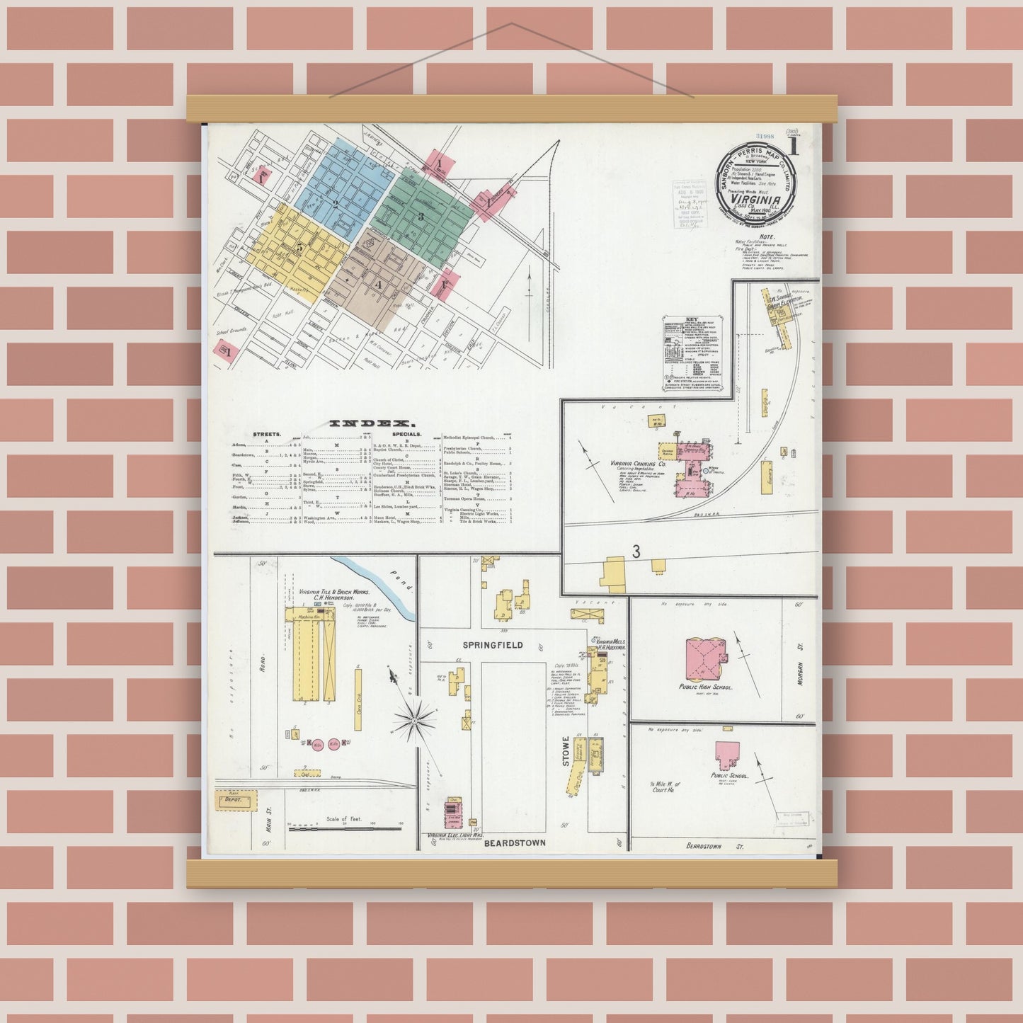 Old map wall art mockup — magnetic wood frame on brick wall — Sanborn Fire Insurance Map from Virginia, Cass County, Illinois (1900) - Complete Map Set