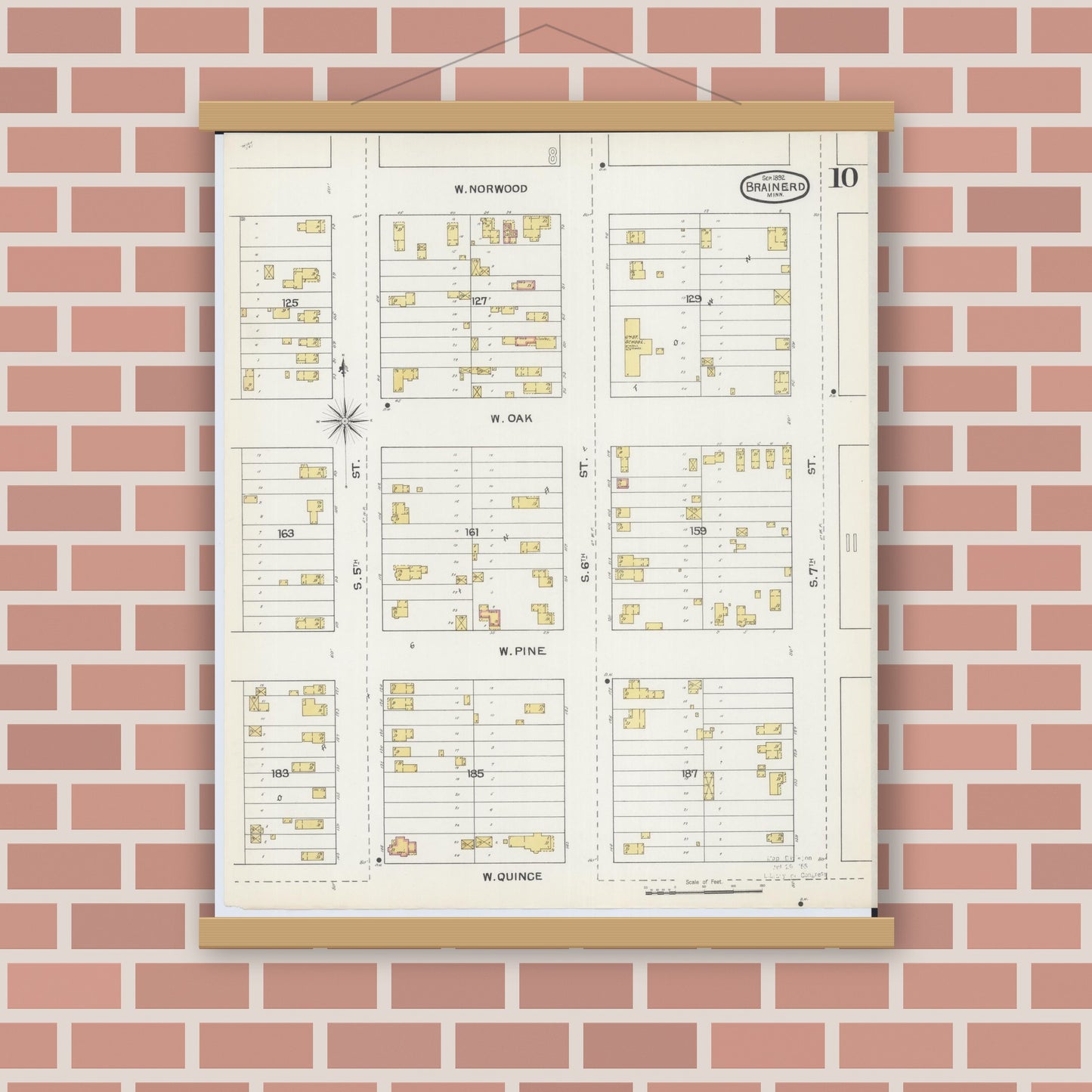 Old map wall art mockup — magnetic wood frame on brick wall — Sanborn Fire Insurance Map from Brainerd, Crow Wing County, Minnesota (1892), Sheet #0010