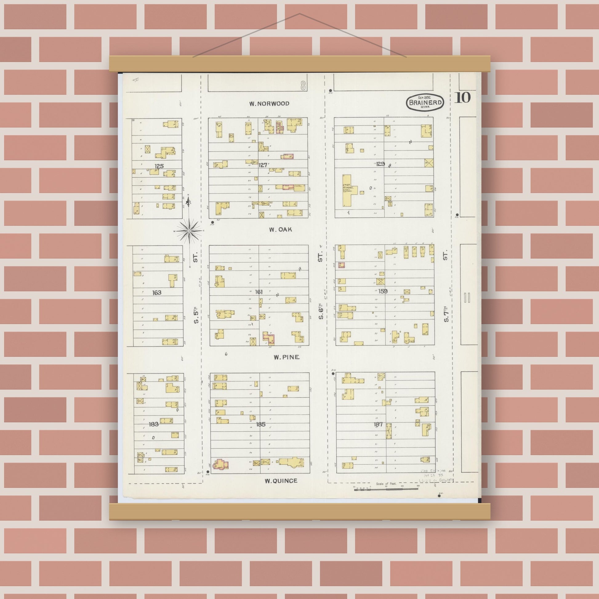 Old map wall art mockup — magnetic wood frame on brick wall — Sanborn Fire Insurance Map from Brainerd, Crow Wing County, Minnesota (1892), Sheet #0010