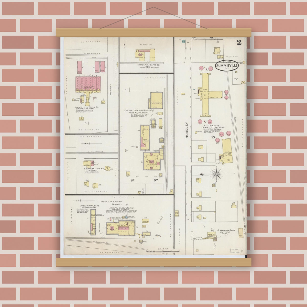 Old map wall art mockup — magnetic wood frame on brick wall — Sanborn Fire Insurance Map from Summitville, Madison County, Indiana (1893), Sheet #0002