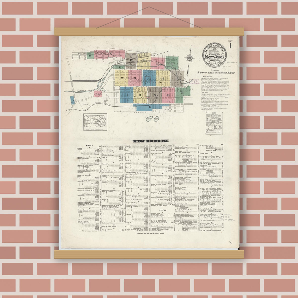 Old map wall art mockup — magnetic wood frame on brick wall — Sanborn Fire Insurance Map from Mount Carmel, Northumberland County, Pennsylvania (1913) - Complete Map Set