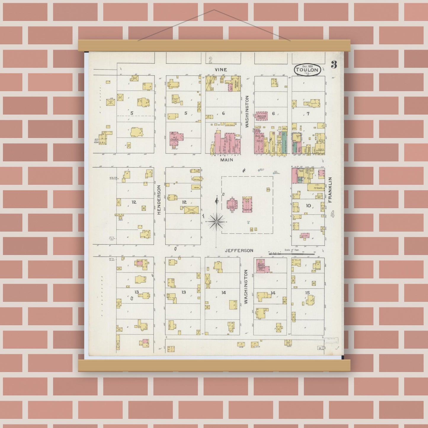 Old map wall art mockup — magnetic wood frame on brick wall — Sanborn Fire Insurance Map from Toulon, Stark County, Illinois (1893), Sheet #0003