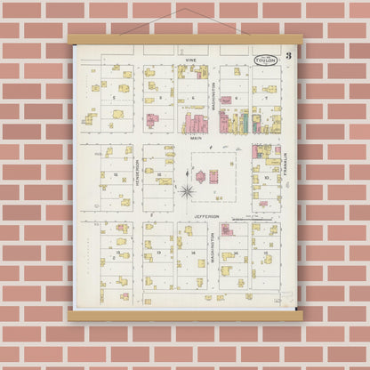 Old map wall art mockup — magnetic wood frame on brick wall — Sanborn Fire Insurance Map from Toulon, Stark County, Illinois (1893), Sheet #0003