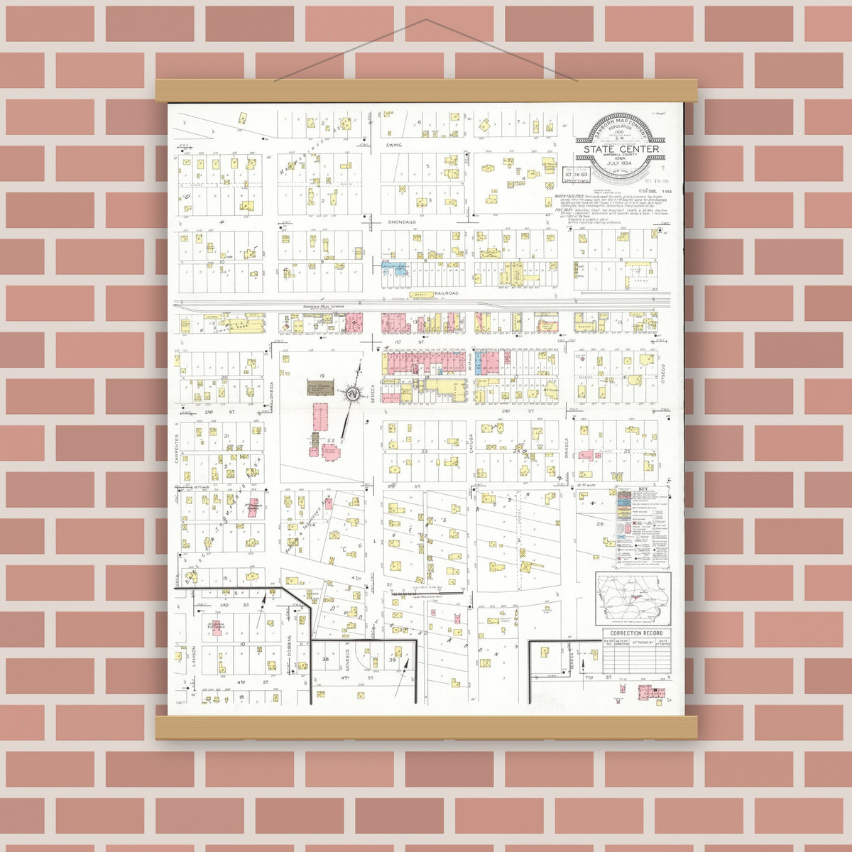 Old map wall art mockup — magnetic wood frame on brick wall — Sanborn Fire Insurance Map from State Center, Marshall County, Iowa (1934), Sheet #0001