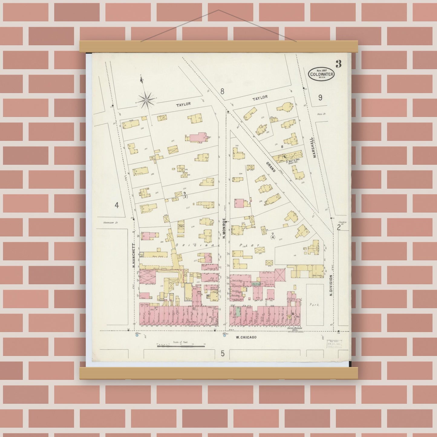 Old map wall art mockup — magnetic wood frame on brick wall — Sanborn Fire Insurance Map from Coldwater, Branch County, Michigan (1897), Sheet #0003