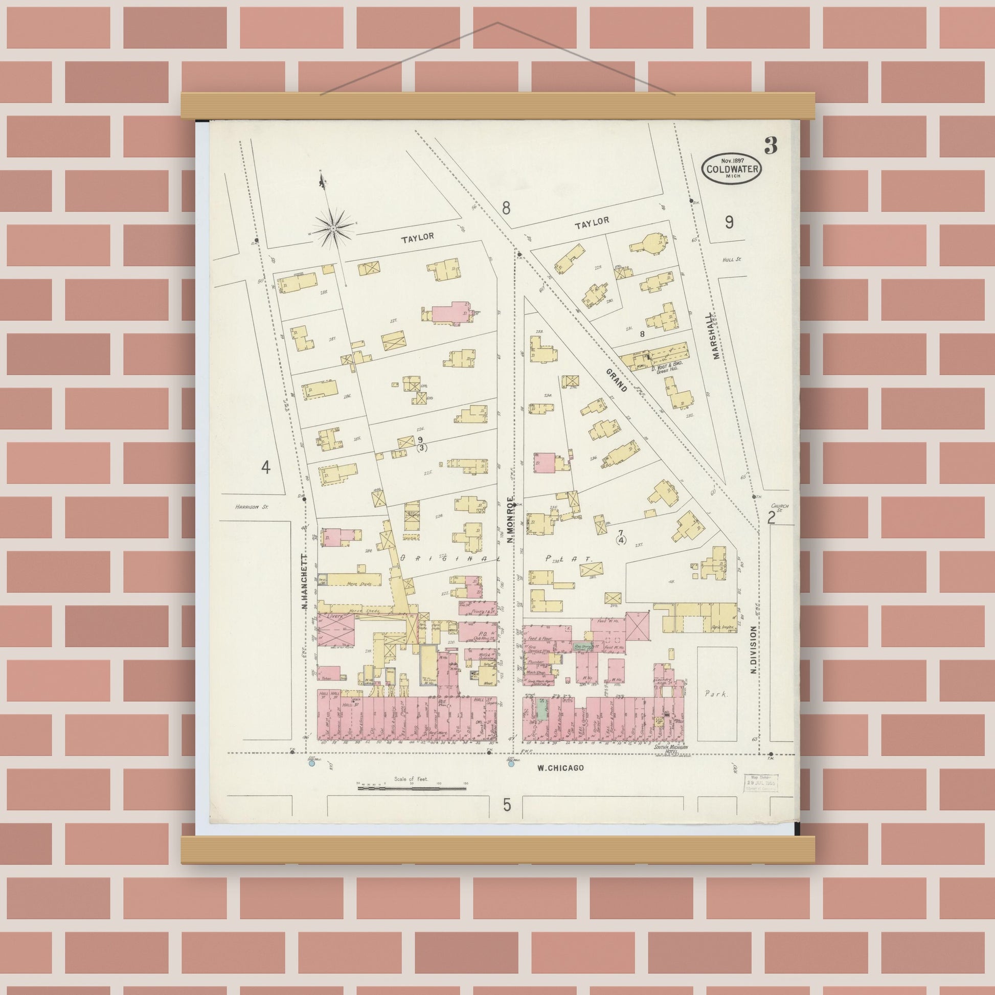 Old map wall art mockup — magnetic wood frame on brick wall — Sanborn Fire Insurance Map from Coldwater, Branch County, Michigan (1897), Sheet #0003