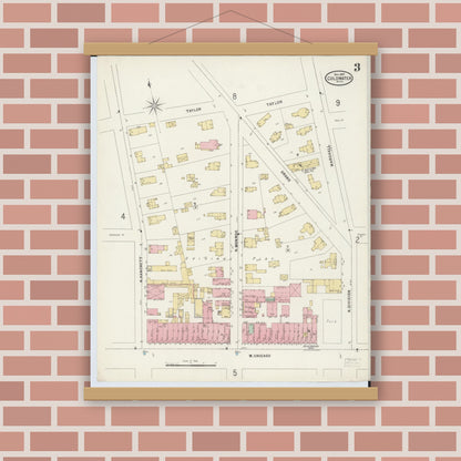 Old map wall art mockup — magnetic wood frame on brick wall — Sanborn Fire Insurance Map from Coldwater, Branch County, Michigan (1897), Sheet #0003