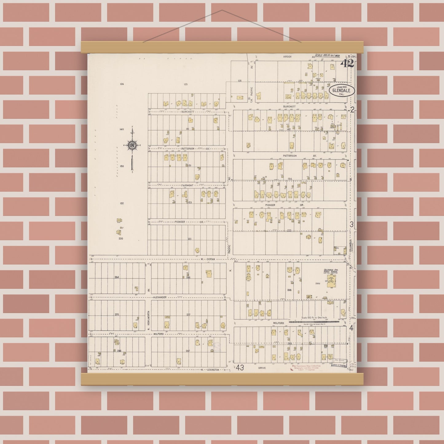 Old map wall art mockup — magnetic wood frame on brick wall — Sanborn Fire Insurance Map from Glendale, Los Angeles County, California (1919), Sheet #0042