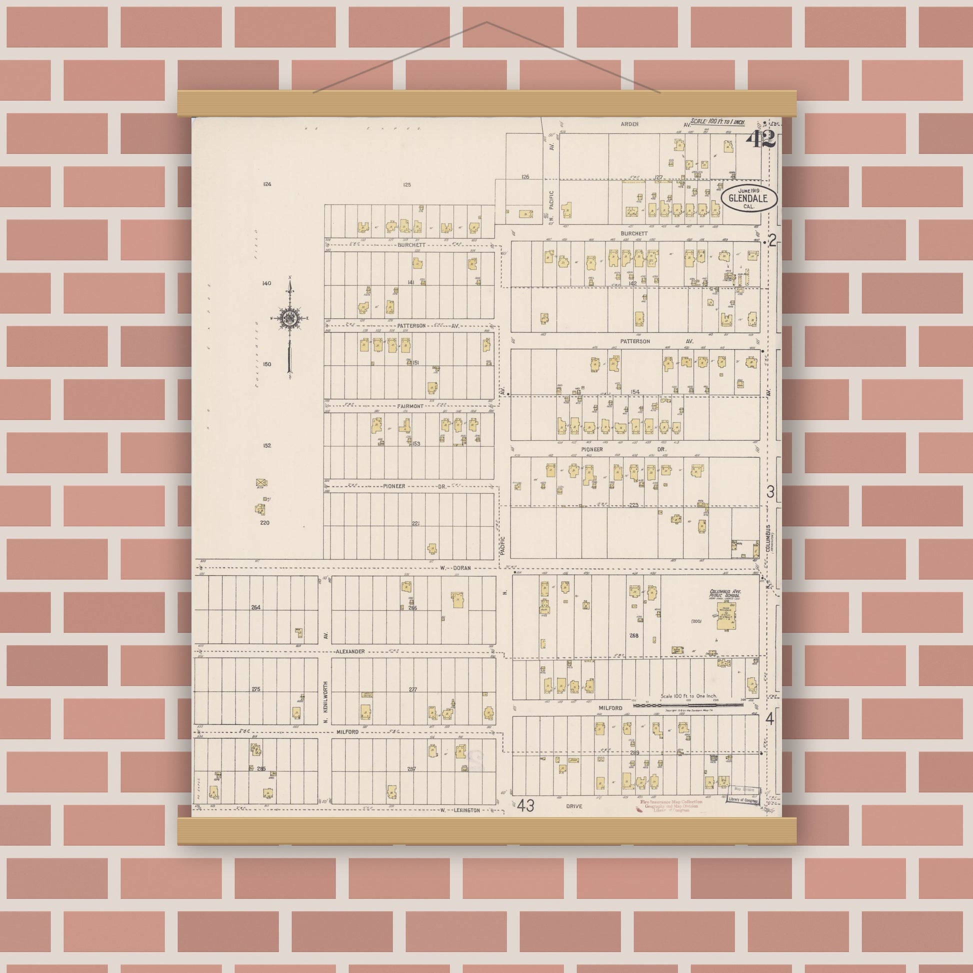 Old map wall art mockup — magnetic wood frame on brick wall — Sanborn Fire Insurance Map from Glendale, Los Angeles County, California (1919), Sheet #0042