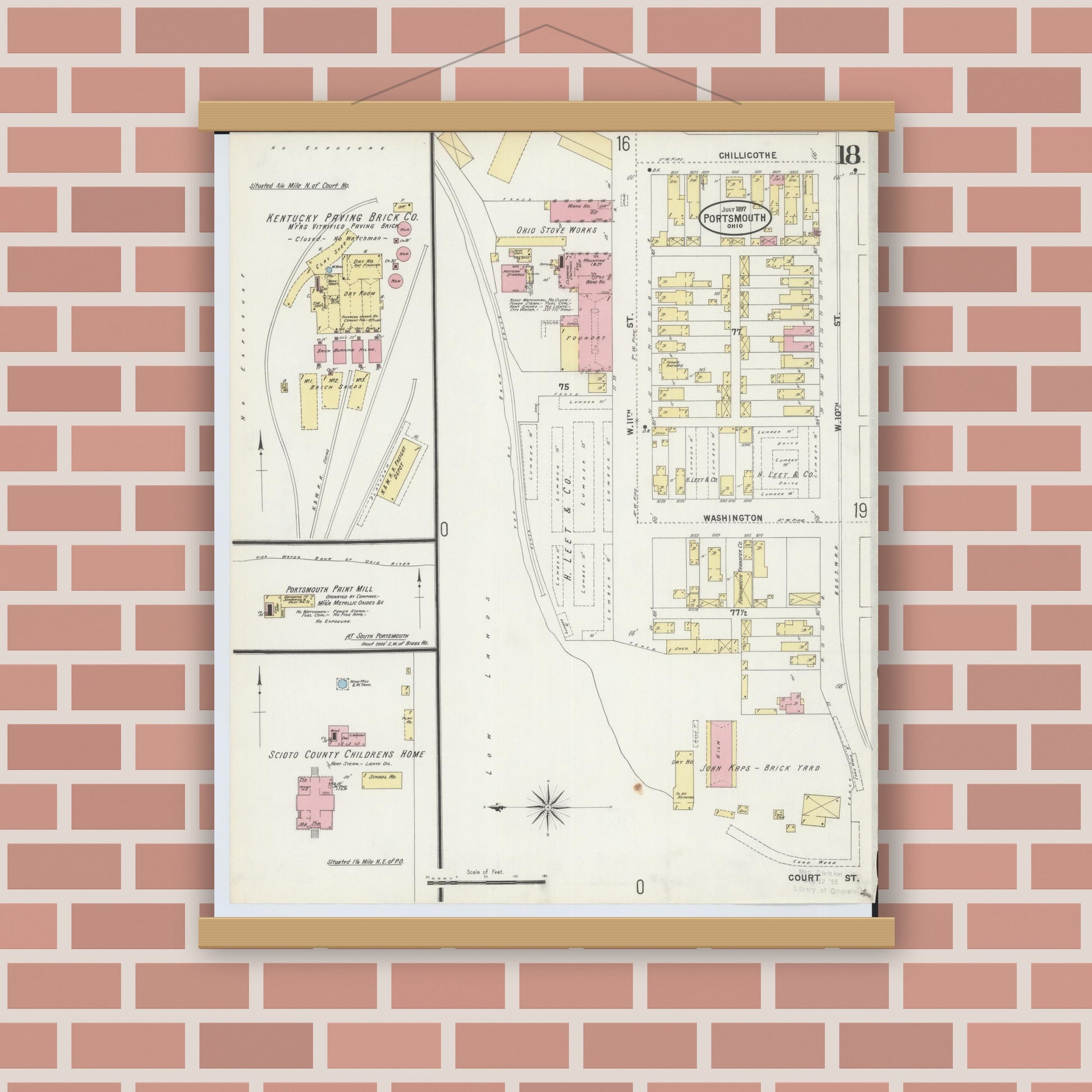 Old map wall art mockup — magnetic wood frame on brick wall — Sanborn Fire Insurance Map from Portsmouth, Scioto County, Ohio (1897), Sheet #0018