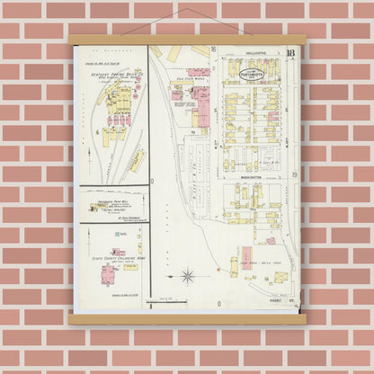Old map wall art mockup — magnetic wood frame on brick wall — Sanborn Fire Insurance Map from Portsmouth, Scioto County, Ohio (1897), Sheet #0018