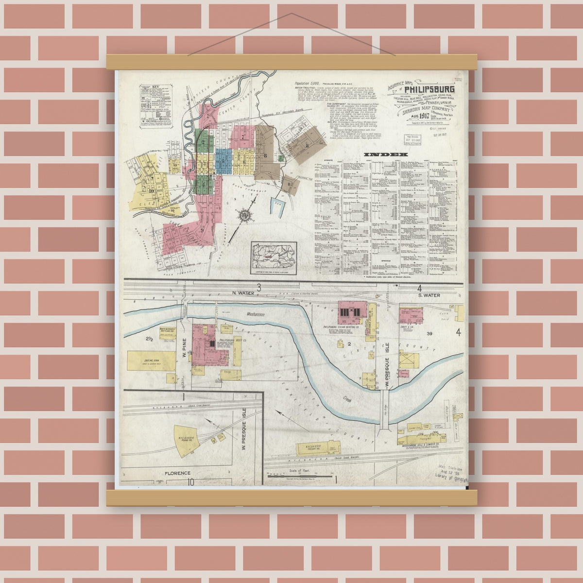 Old map wall art mockup — magnetic wood frame on brick wall — Sanborn Fire Insurance Map from Philipsburg, Centre County, Pennsylvania (1917), Sheet #0001