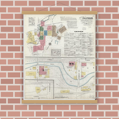 Old map wall art mockup — magnetic wood frame on brick wall — Sanborn Fire Insurance Map from Philipsburg, Centre County, Pennsylvania (1917), Sheet #0001