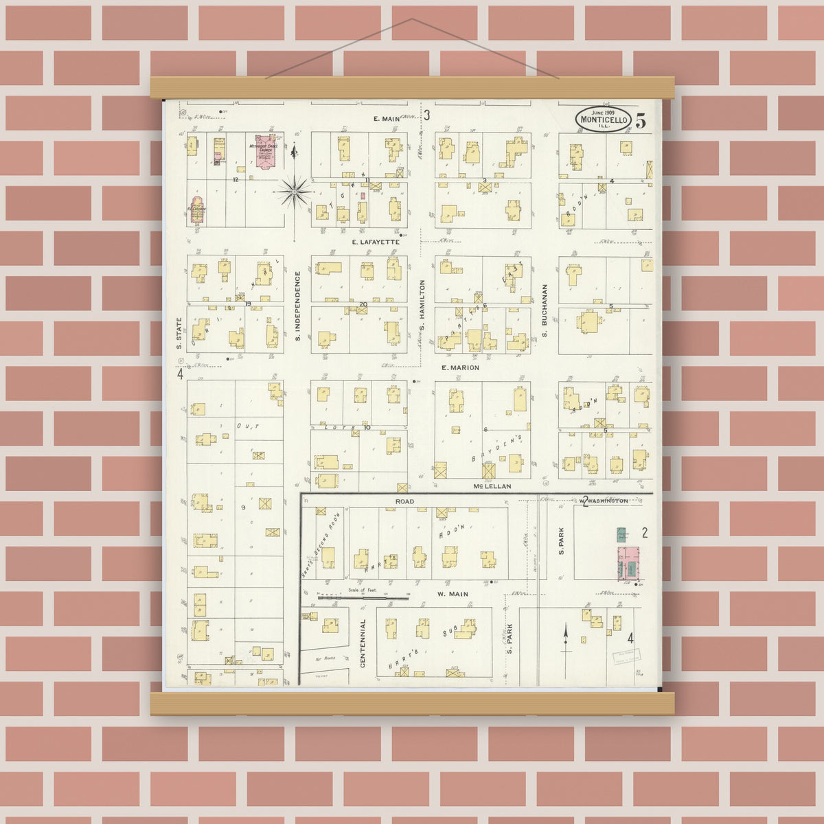 Old map wall art mockup — magnetic wood frame on brick wall — Sanborn Fire Insurance Map from Monticello, Piatt County, Illinois (1909), Sheet #0005