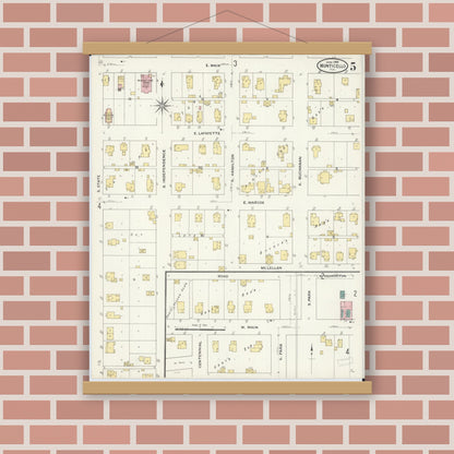 Old map wall art mockup — magnetic wood frame on brick wall — Sanborn Fire Insurance Map from Monticello, Piatt County, Illinois (1909), Sheet #0005