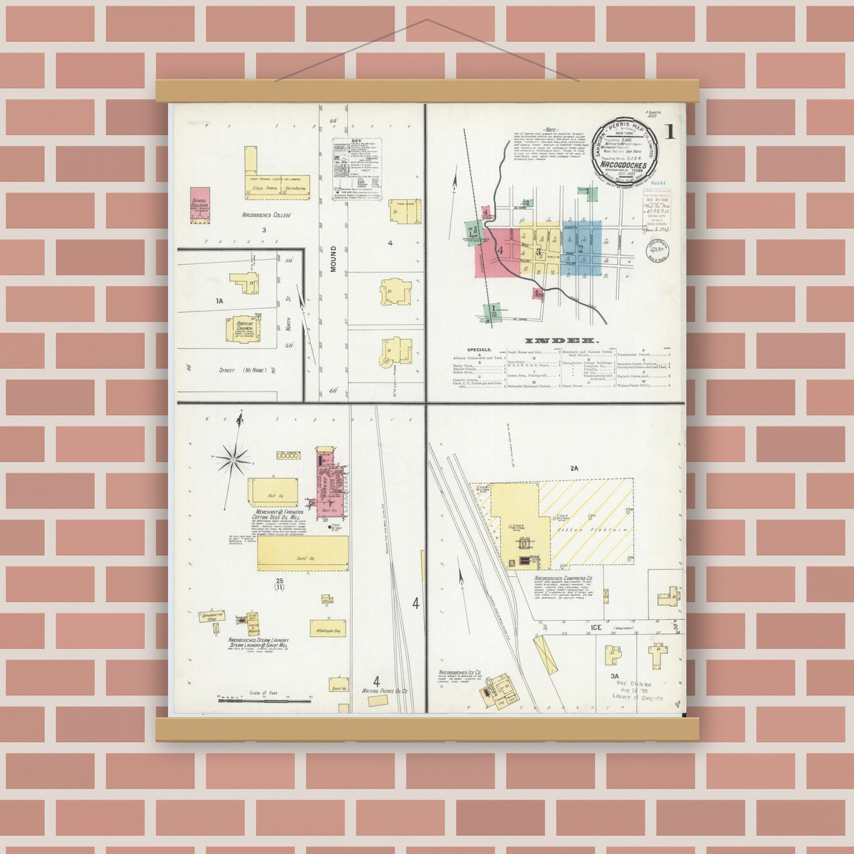 Old map wall art mockup — magnetic wood frame on brick wall — Sanborn Fire Insurance Map from Nacogdoches, Nacogdoches County, Texas (1900), Sheet #0001