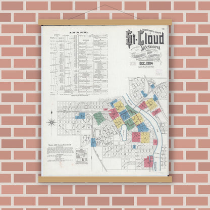 Old map wall art mockup — magnetic wood frame on brick wall — Sanborn Fire Insurance Map from Saint Cloud, Stearns, Benton, and Sherburne Counties, Minnesota (1904), Sheet #0001