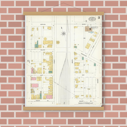 Old map wall art mockup — magnetic wood frame on brick wall — Sanborn Fire Insurance Map from Yoakum, De Witt And Lavaca Counties, Texas (1904), Sheet #0003