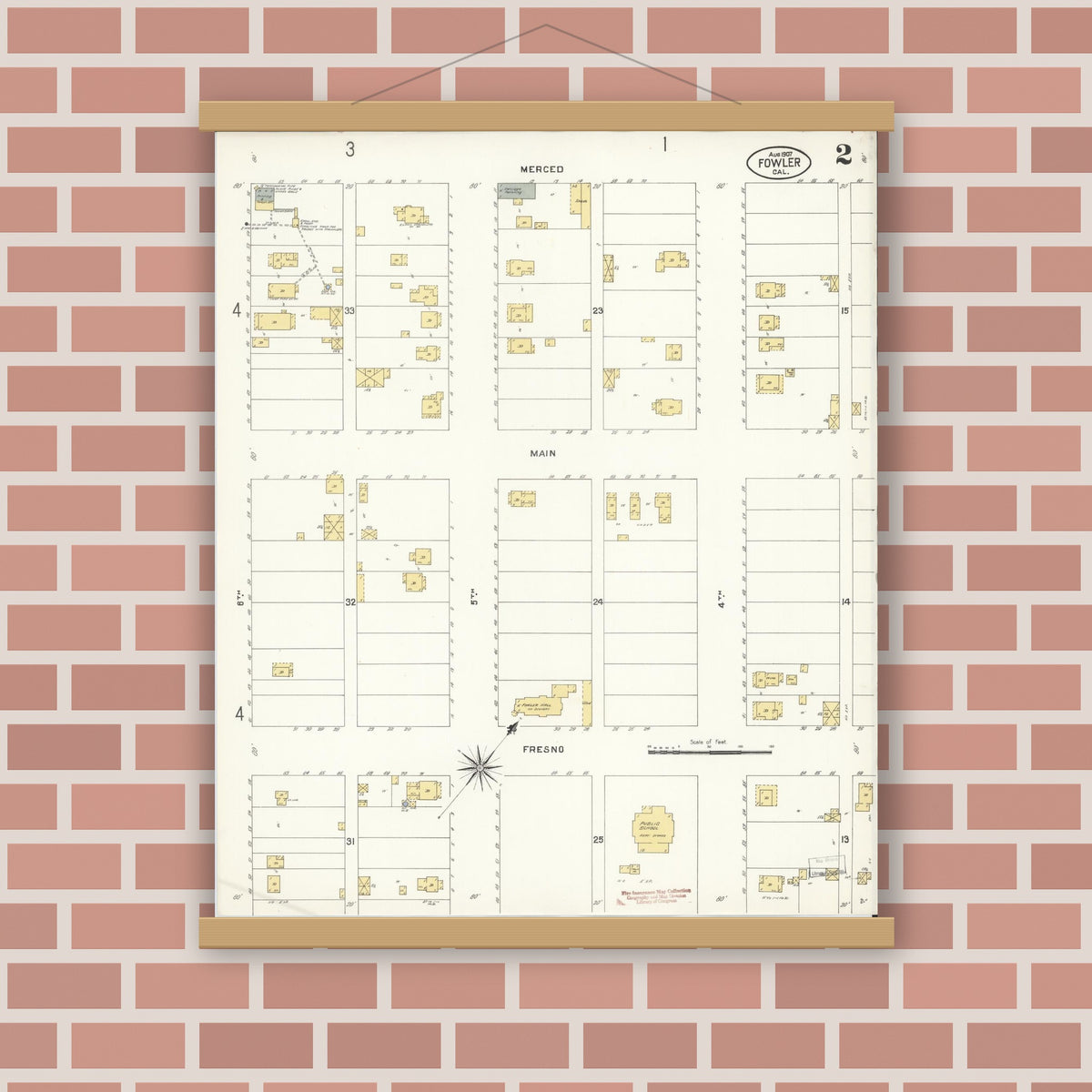 Old map wall art mockup — magnetic wood frame on brick wall — Sanborn Fire Insurance Map from Fowler, Fresno County, California (1907), Sheet #0002