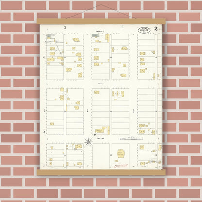 Old map wall art mockup — magnetic wood frame on brick wall — Sanborn Fire Insurance Map from Fowler, Fresno County, California (1907), Sheet #0002