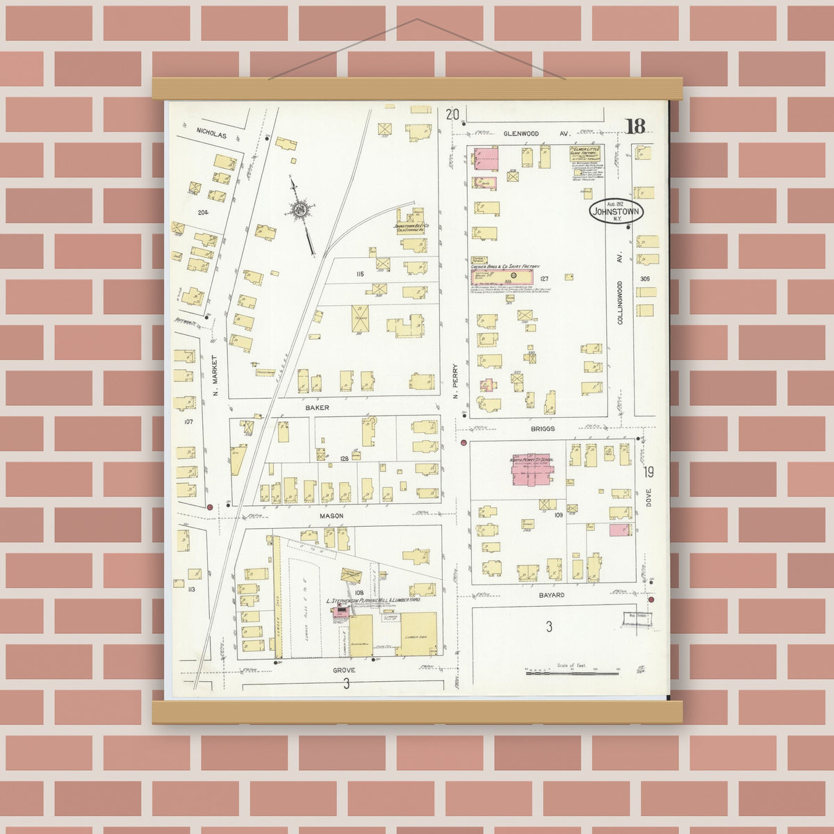 Old map wall art mockup — magnetic wood frame on brick wall — Sanborn Fire Insurance Map from Johnstown, Fulton County, New York (1912), Sheet #0018