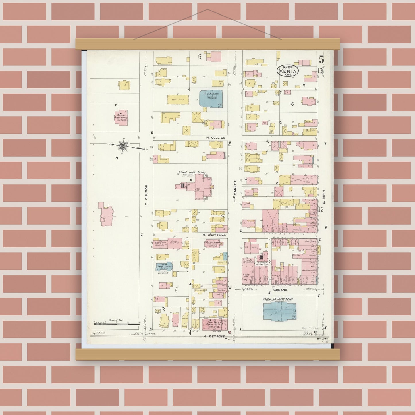 Old map wall art mockup — magnetic wood frame on brick wall — Sanborn Fire Insurance Map from Xenia, Greene County, Ohio (1910), Sheet #0005