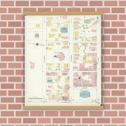 Old map wall art mockup — magnetic wood frame on brick wall — Sanborn Fire Insurance Map from Xenia, Greene County, Ohio (1910), Sheet #0005